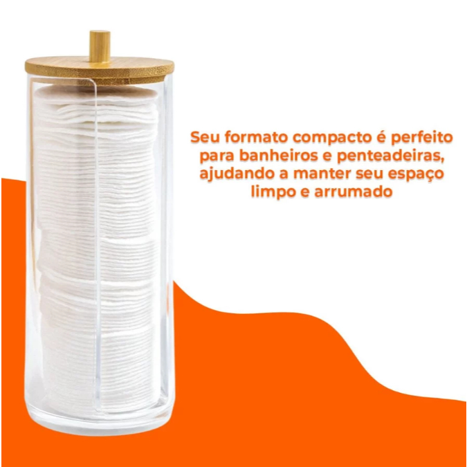 Organizador Algodão E Cotonetes Acrílico Tampa Bambu Kit