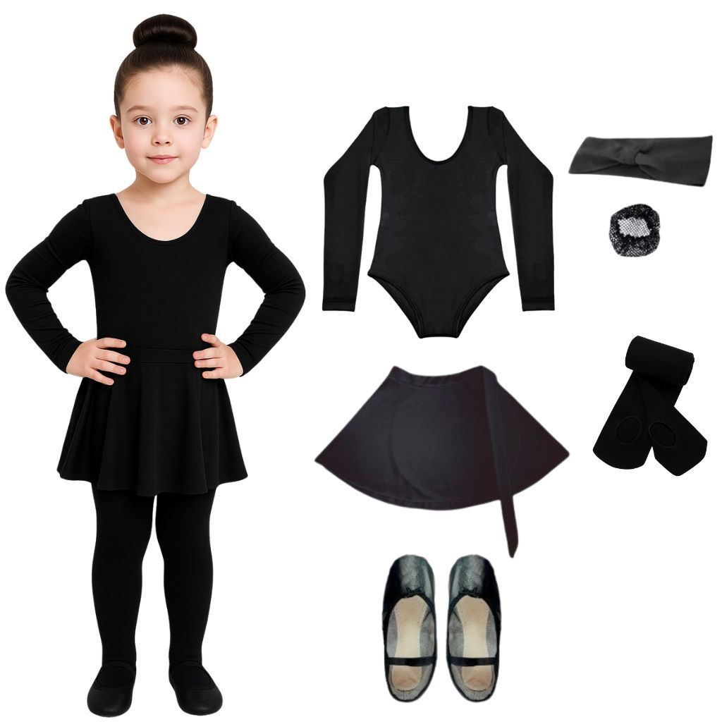 Kit Ballet Inverno 6 Itens Infantil C/ Collant Manga Longa e Saia de Cós/ Amarrar