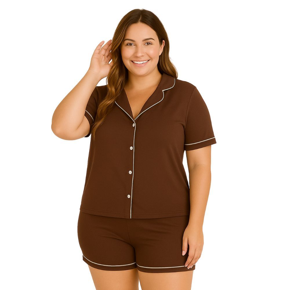 Pijama Americano Plus Size Blusa com Botões que Abrem e Short Brenda 50 52 54 56 em Oferta na Shopee