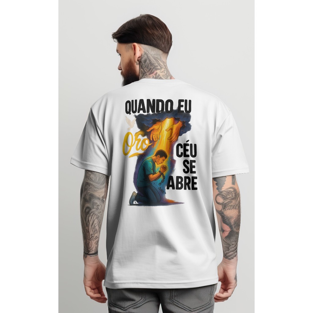 Camiseta Oversized Streetwear Feminina e Masculina Quando eu oro Blusa Larga Gola Canelada Cristã