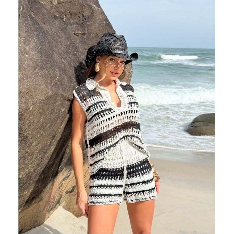promoção conjunto M/38  G/40 crochê listrada cropped sem forrado e short CURTA com forrado