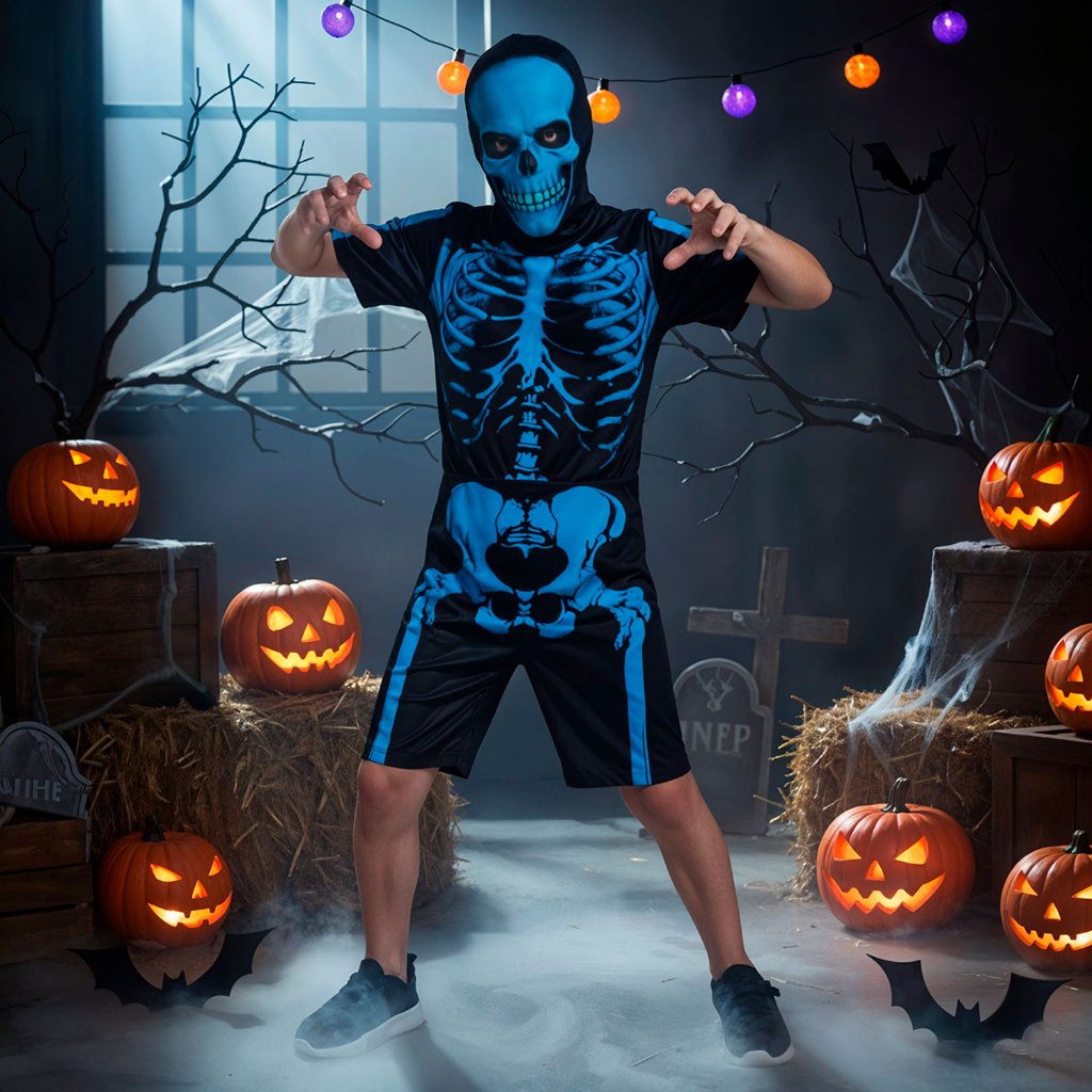 Fantasia Caveira Infantil Menino de Halloween Macacão Raio X Curto com Máscara Esqueleto