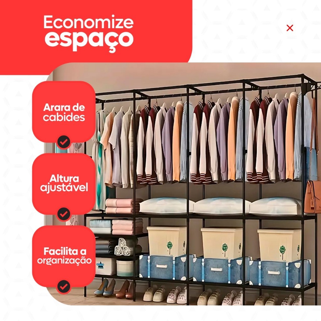 Arara Roupeiro Guarda Roupa Grande Portatil Cabideiro Para Roupa Sapateira Organizador Multiuso Armário
