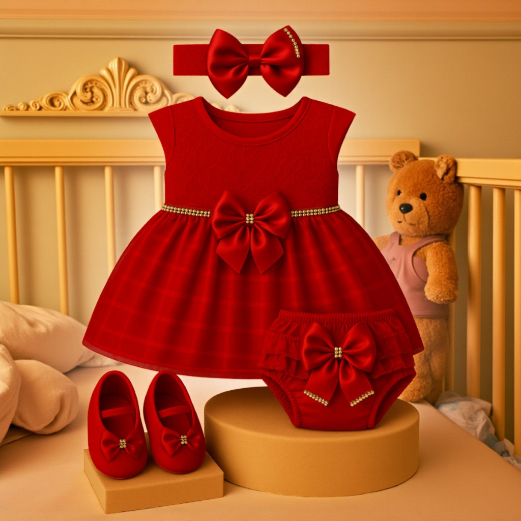 Kit 4 Peças 0-8 Meses Vestido de Renda Luxo Calcinha Laço Sapatinho Para Batizado Aniversário Natal