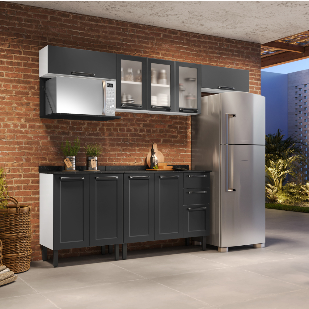 Cozinha Itatiaia Florença 5pc 3v Grafite com Balcões e Armários Aéreos em Oferta na Shopee