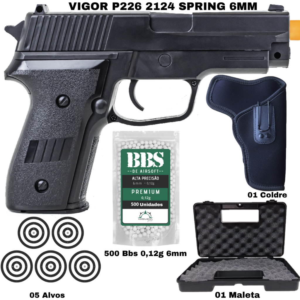 Pistola de Airsoft Spring P226 2124 6mm Rossi Vigor + Acessórios Completo em Oferta na Shopee