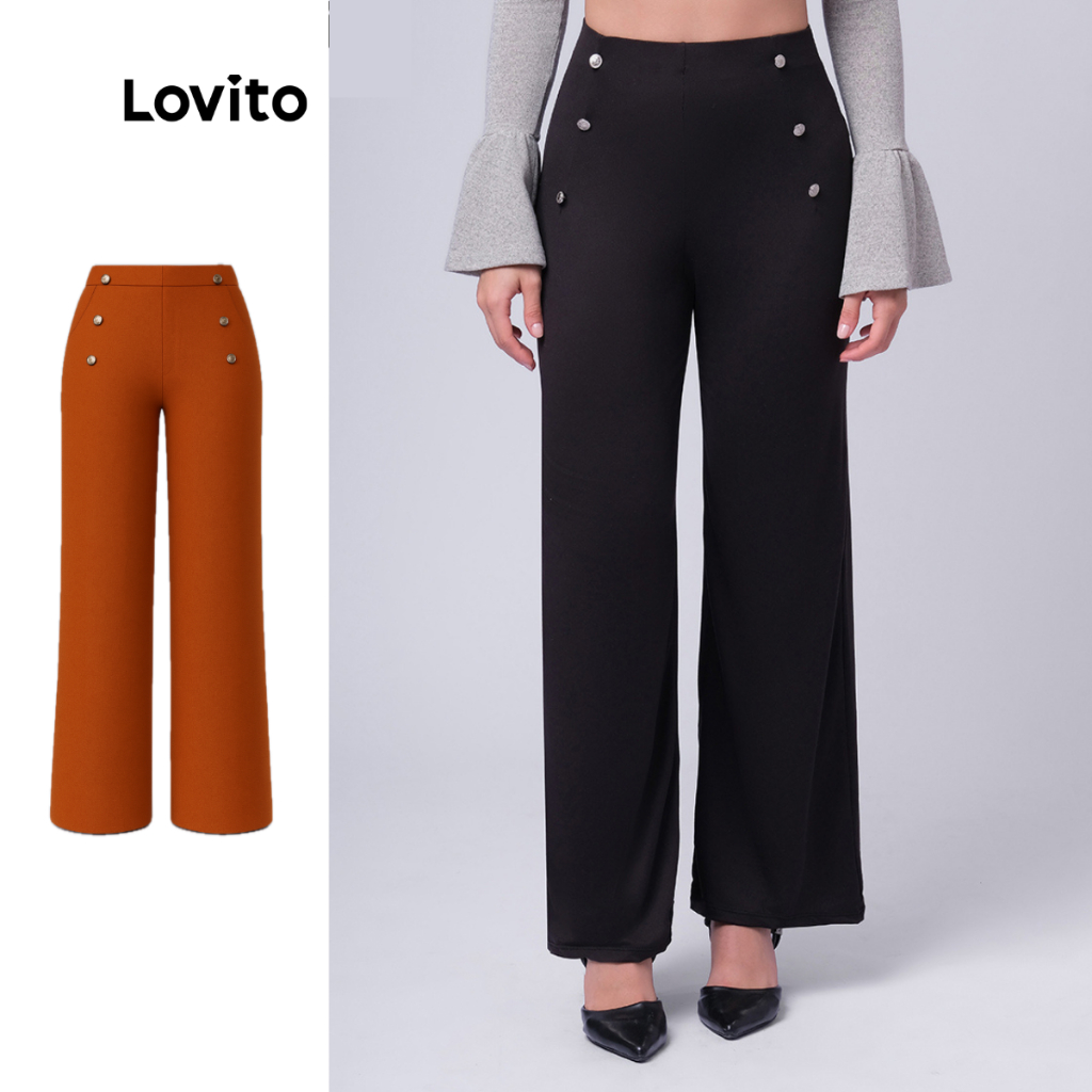 Lovito Calça Feminina Reta Botões Frente LB425BRL454 em Oferta na Shopee