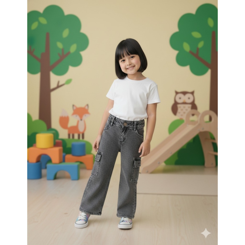 ​Calça Cargo Infantil Marmorizada Grafite Jeans Tendência Juvenil Unissex Bolso Lateral