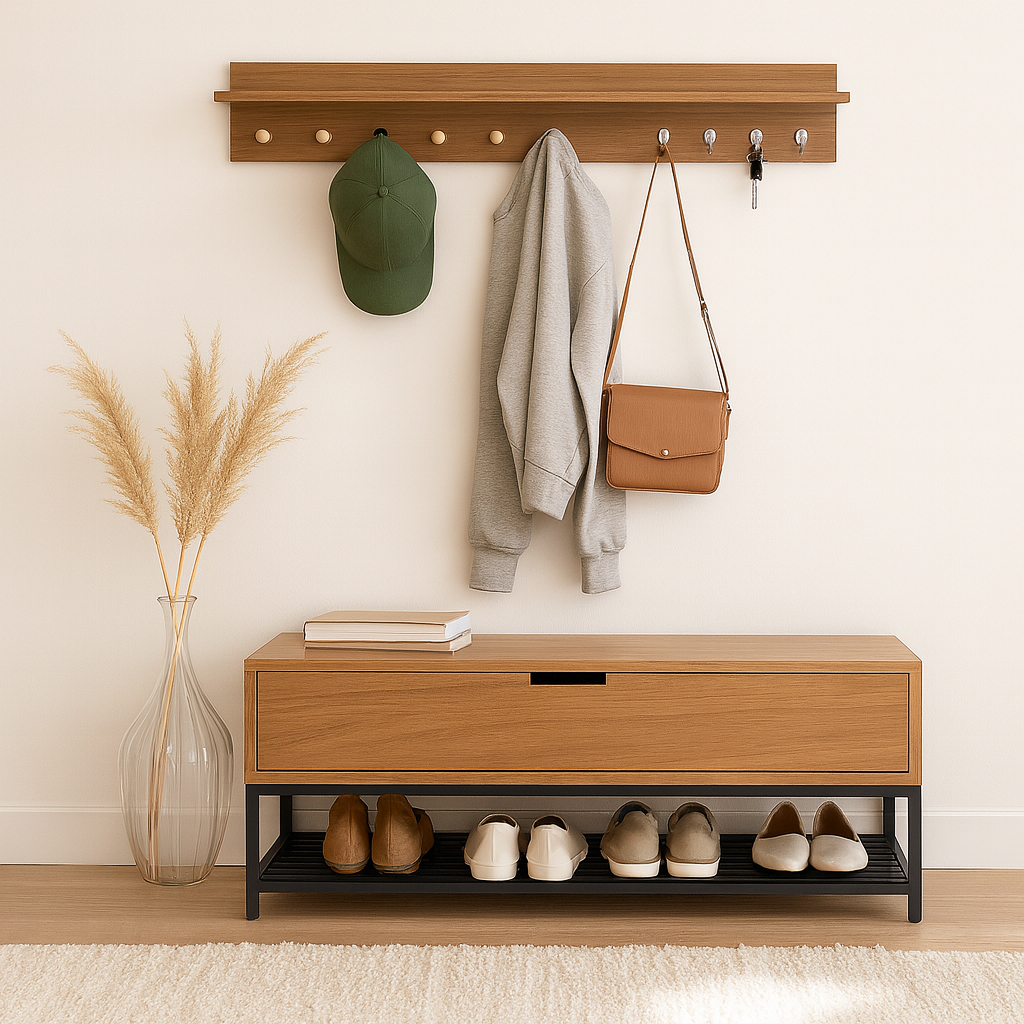 Kit com banco sapateira recamier balcão aparador e pendurador de chaves cabideiro de parede 100cm em Oferta na Shopee