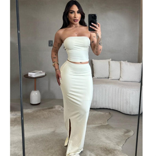 Conjunto Cropped Tomara que Caia + Saia Midi Fenda em Oferta na Shopee