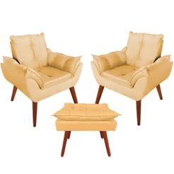 Kit 02 Poltronas Opala + 01 Puff Pés Palito Decoração Para Recepção Sala Quarto Escritório