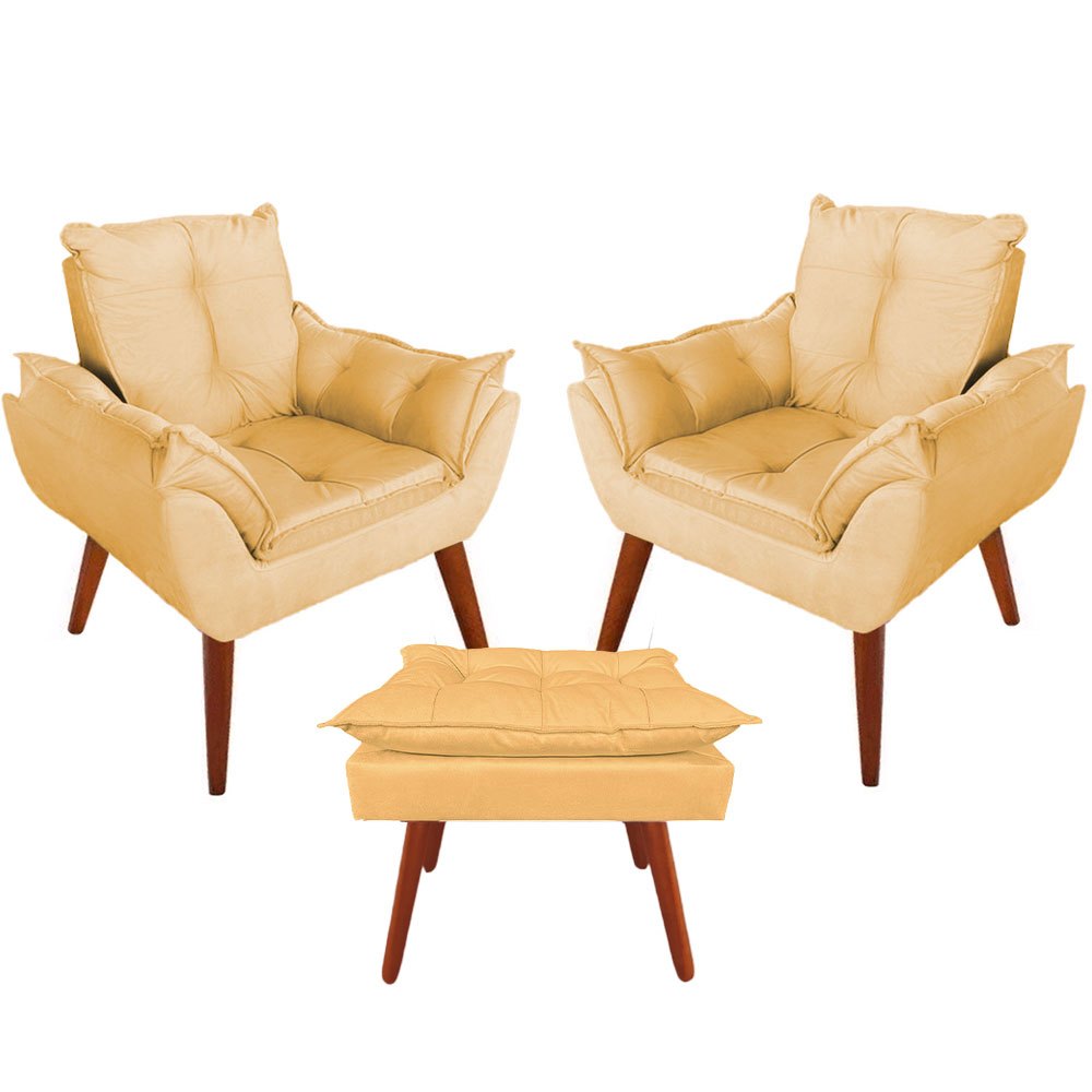 Kit 02 Poltronas Decorativa Opala + 1 Puff Decorativo Para Sala de Espera