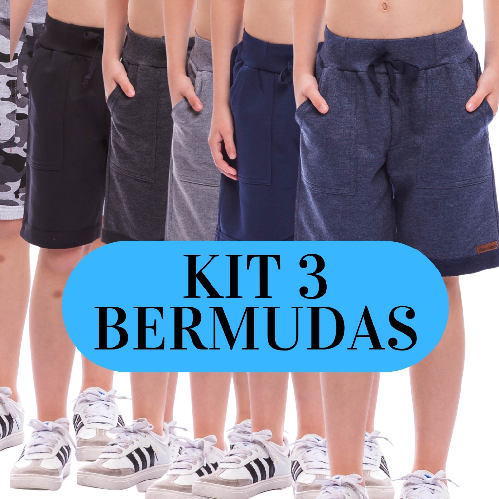 Kit 3 Bermudas Moletinho Barra Virada Infantil/juvenil Menino 1005-K3