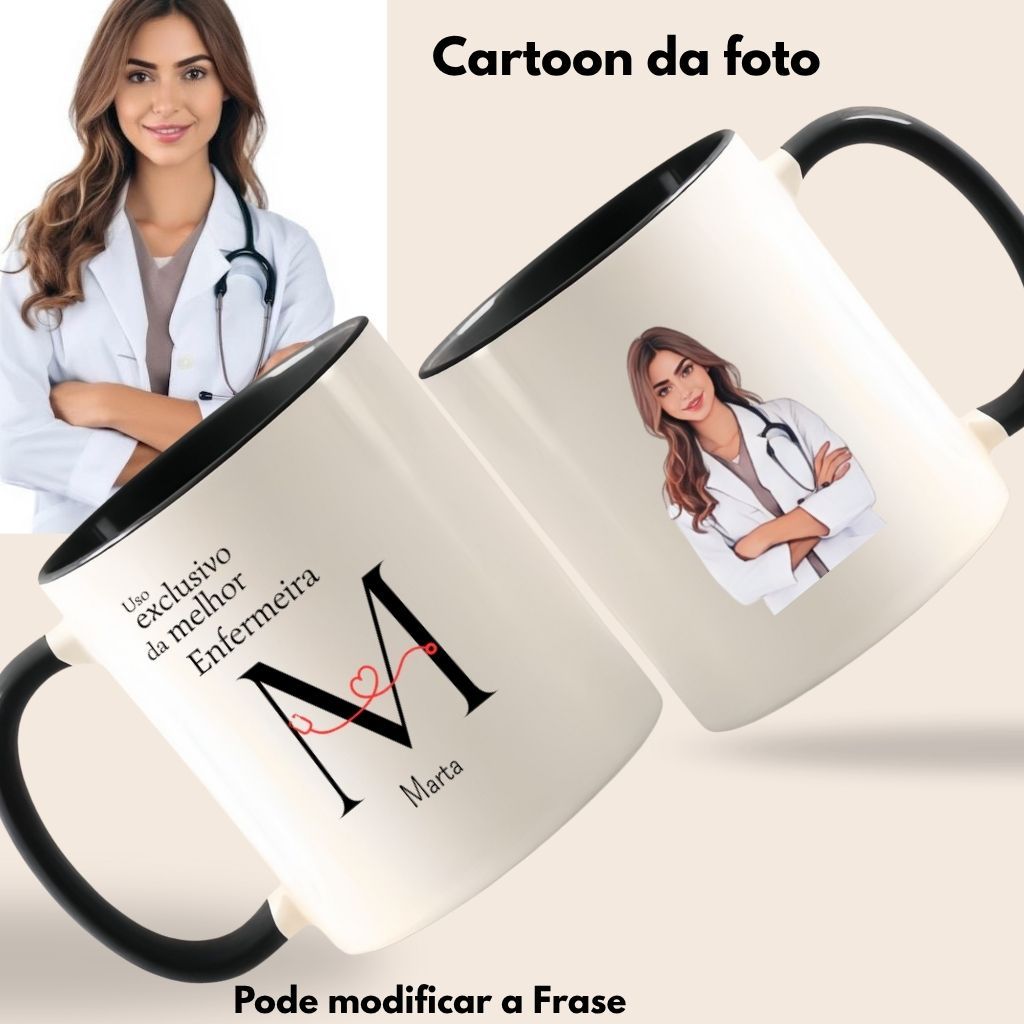 Caneca  Enfermeira cartoon personalizada + chaveiro + caixa presente em Oferta na Shopee