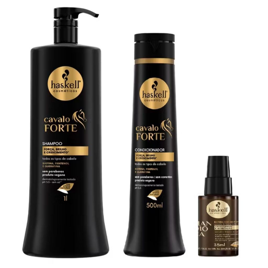 Kit Cavalo Forte + Mandioca 3 Prod. /  Shampoo 1L + Condicionador 500ml + Reparado de Pontas Mandioca 35ml - Haskell