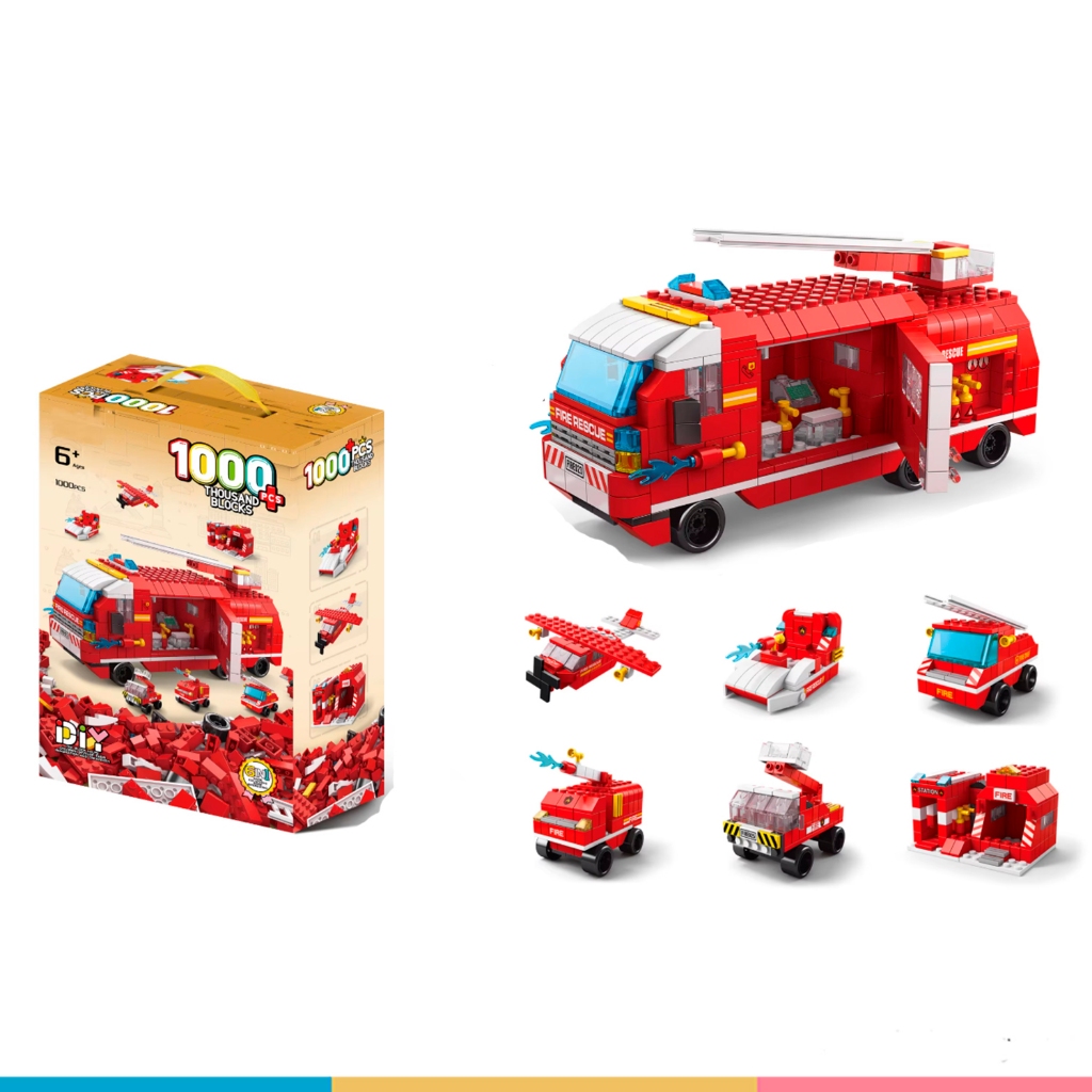 Blocos Bombeiros 1000 Peças – Caminhão, Avião, Base e Veículos 6 em 1 – Infantil 6+