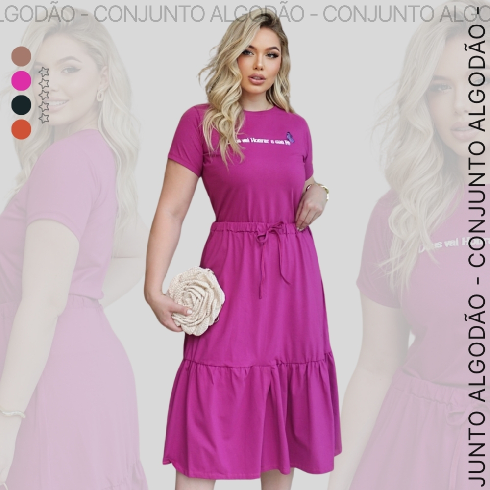 Conjunto Feminino Blusa e Saia Midi Algodão Penteado Premium