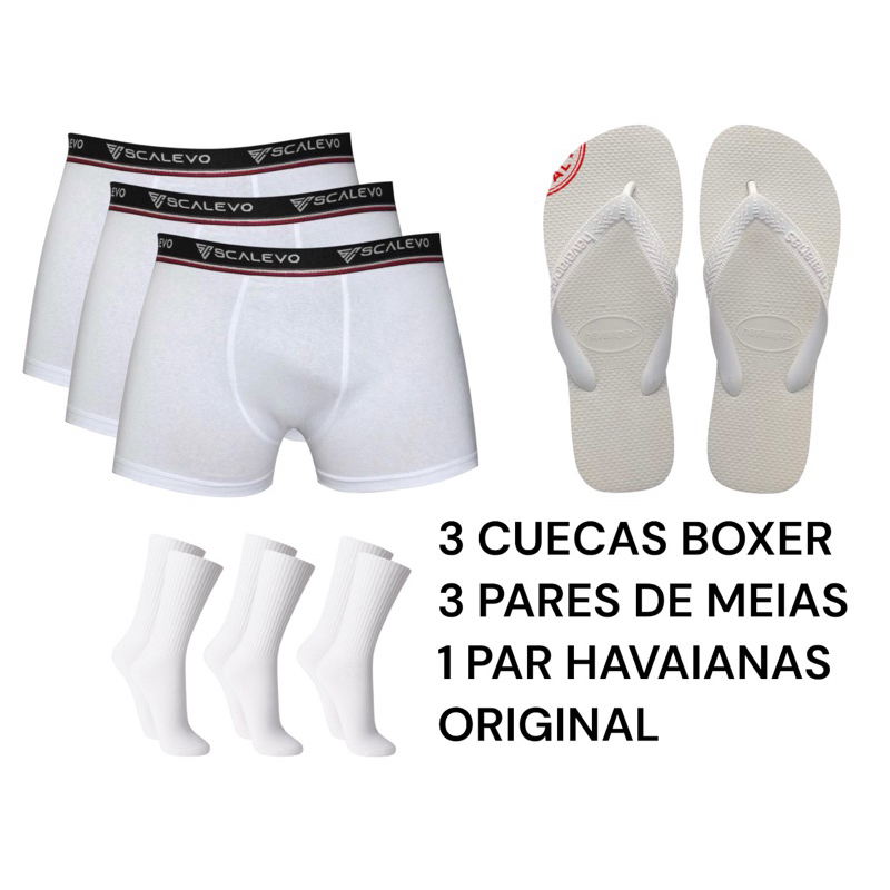 KIT COM 3 CUECAS BOXER + 3 PARES DE MEIAS + 1 PAR HAVAIANAS ORIGINAL em Oferta na Shopee