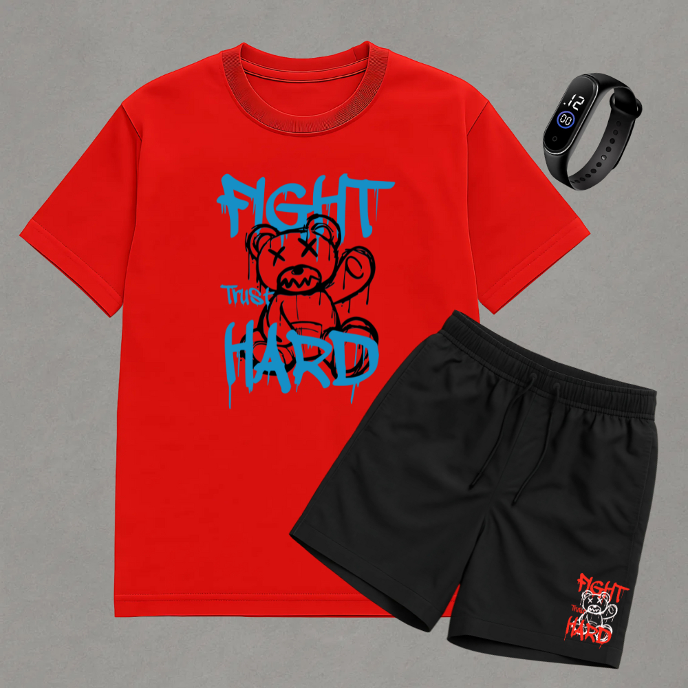 Kit Masculino Camiseta 100% Algodão + Short Tactel URSO FIGHT HARD + Relógio Brinde