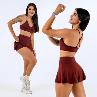 Conjunto Short Saia Cintura Alta e Top Alças Cruzadas Treino Beach Tennis Academia Atemporal Minay