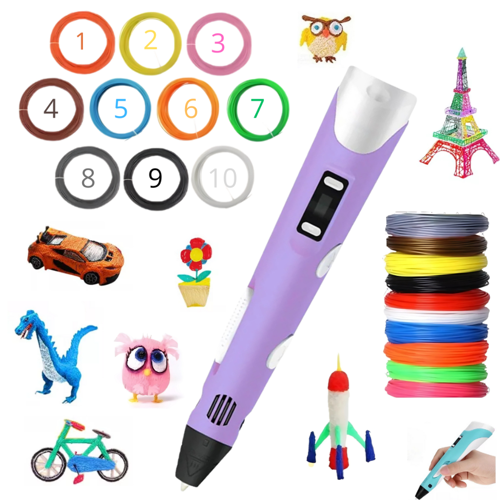 Kit Caneta 3d Roxa Impressora Infantil + 10 Refil Filamento 59 Metros de Filamento Brinquedo Educativo Desenho