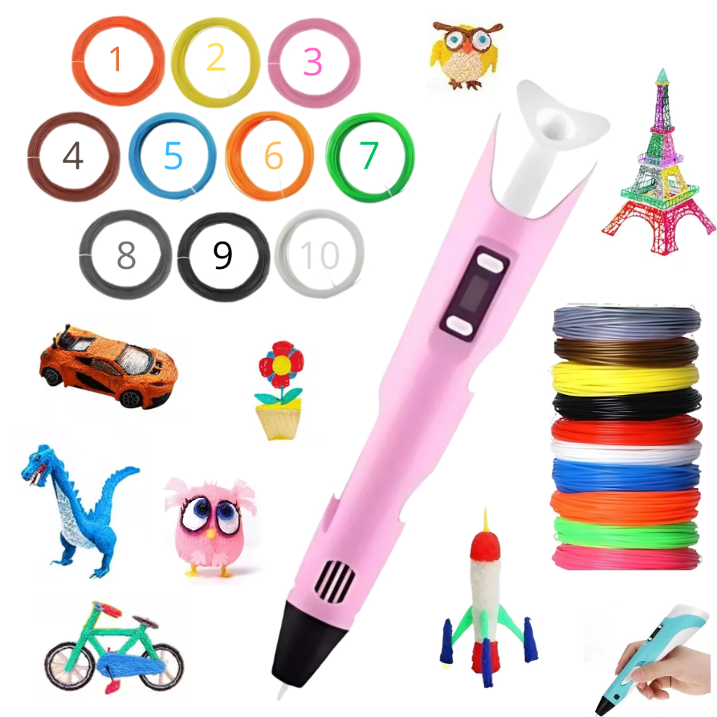 Kit Caneta 3d Rosa Impressora Infantil + 10 Refil Filamento 59 Metros de Filamento Brinquedo Educativo Desenho