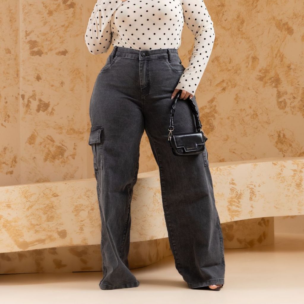 calça jeans feminina plus size wide leg vintage marmorizada cintura elástica tecido com elastano em Oferta na Shopee