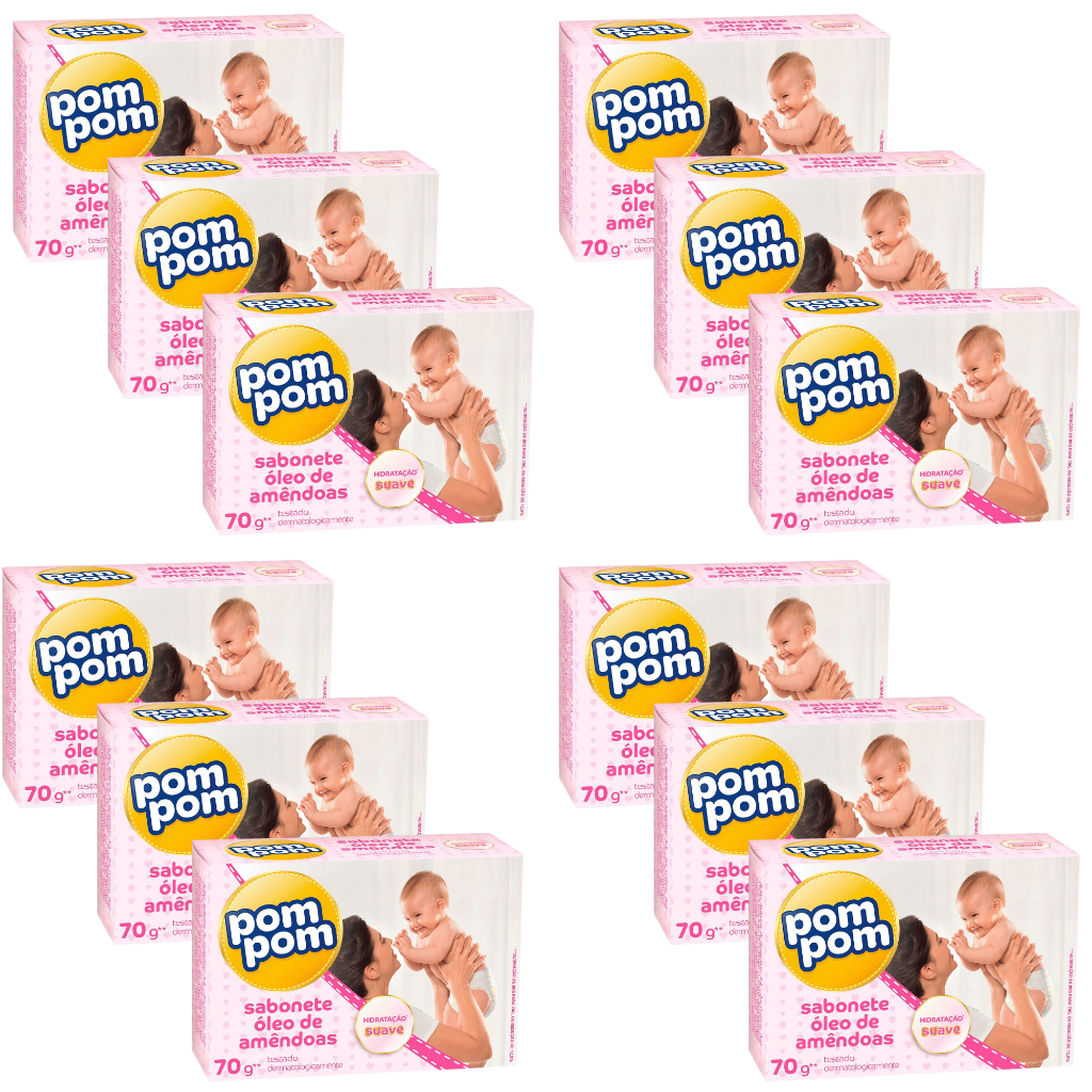 KIT Sabonete Infantil POM POM Óleo de Amêndoas 70G Hidratação Suave Bebê Dermatologicamente Testado