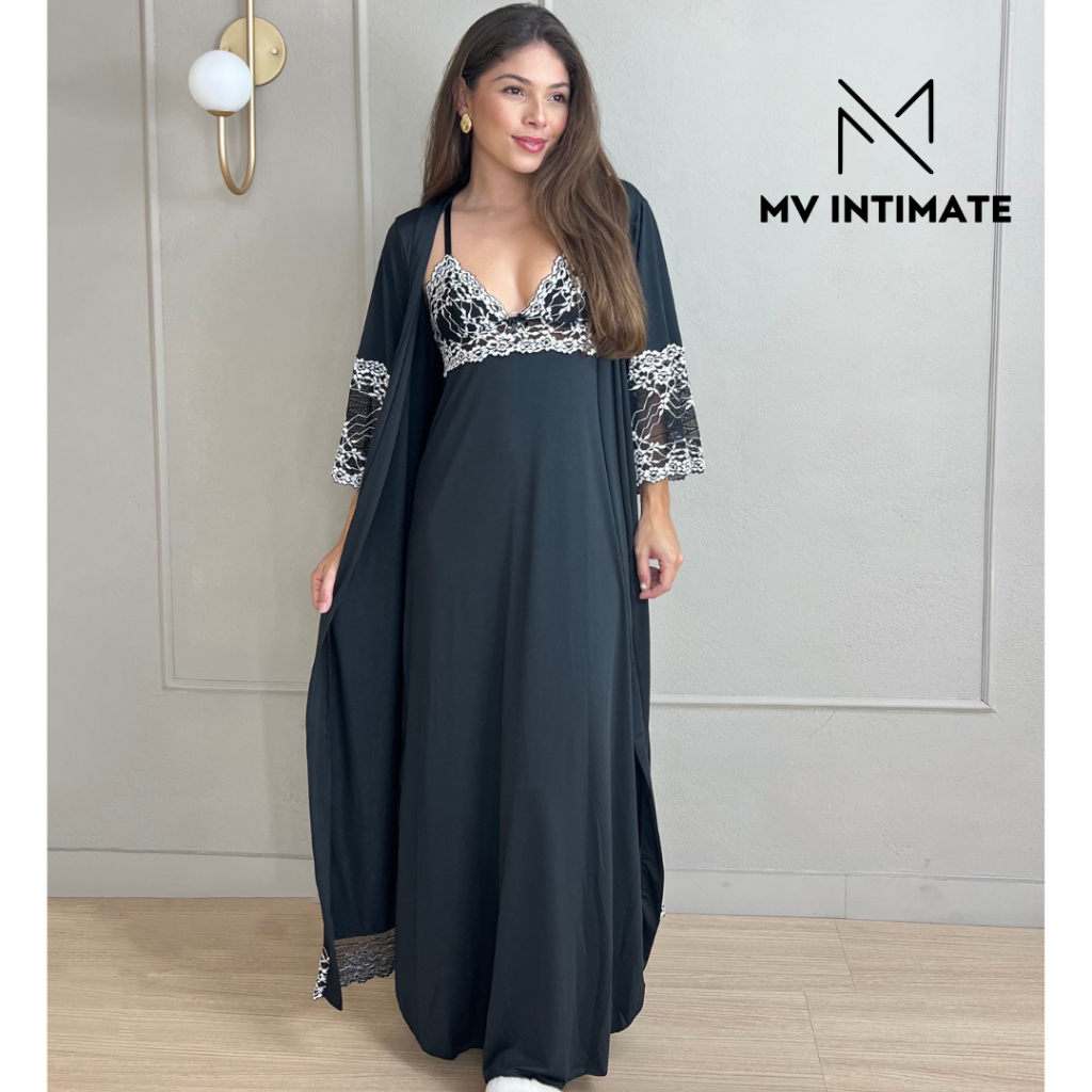 Kit de Robe e Camisola LONGOS sem Bojo de Microfibra Light Bicolor em Oferta na Shopee