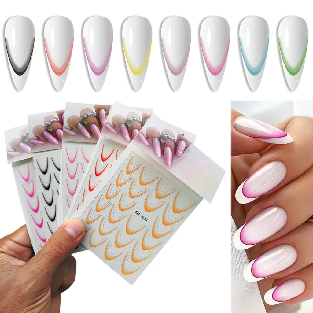 kit 5 Pacotes De Adesivos Com 115 Unhas 3D Gradiente Linha Francesa Design Romance Moda Acessórios -ZEM