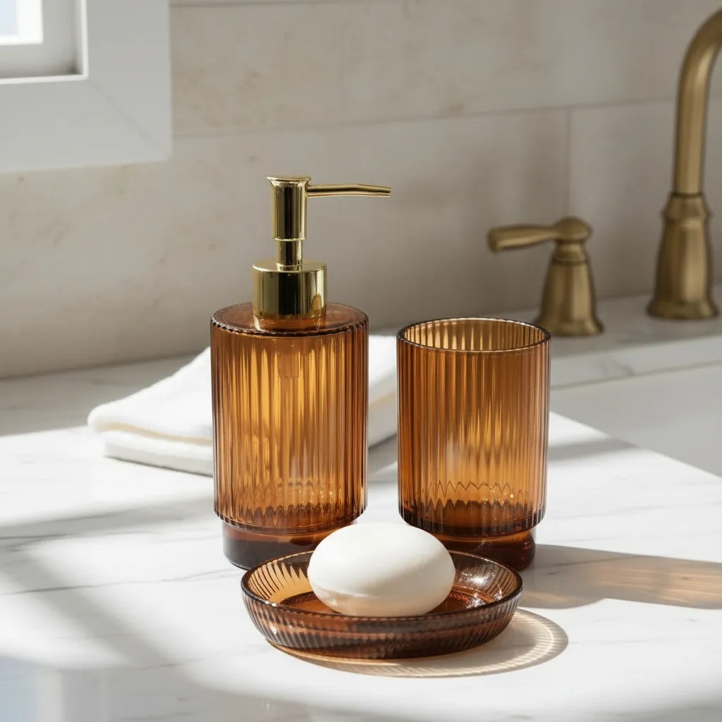 Kit Banheiro Lavabo Lumin 3 Peças Vidro Âmbar Canelado Detalhe Dourado em Oferta na Shopee