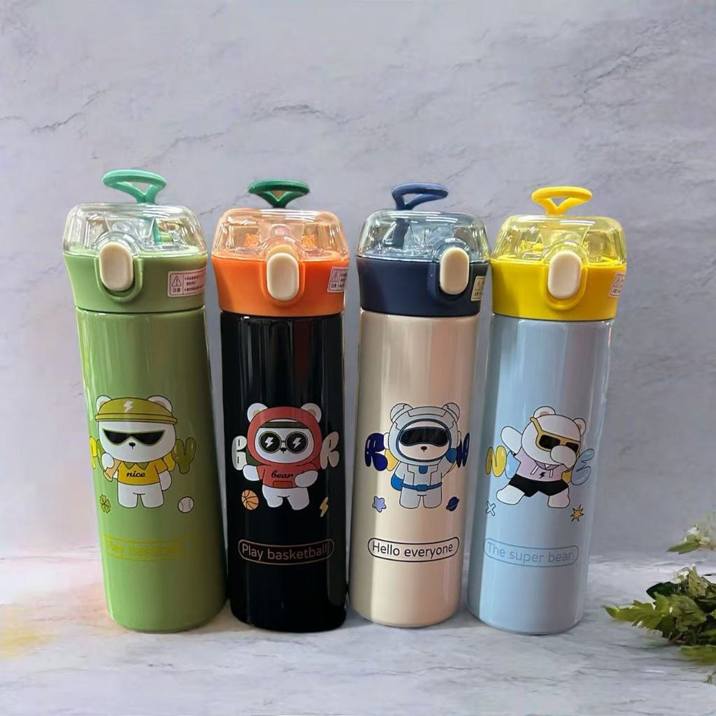 Garrafa Térmica Infantil escolar em Inox e trava 500ml urso com alça  1366 em Oferta na Shopee