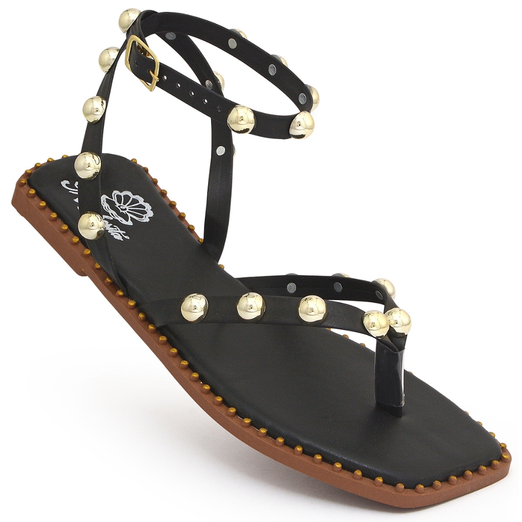 Sandália Rasteira Feminina Adulto Confortável Leve Macio Delicada Tachas Douradas Dedinho em Oferta na Shopee