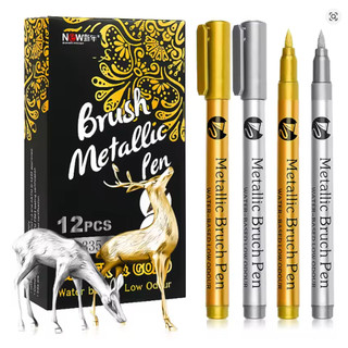 Kit 1/3/6/12 Canetas Metálicas Ponta Brush Pincel Marcador Permanente Prata e Dourado Tin…