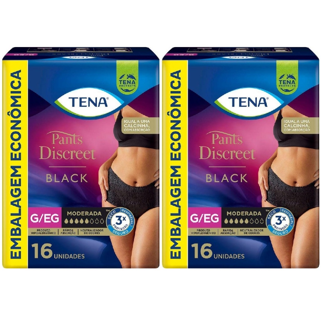 Kit 2ptes TENA Pants Discreet Calcinha Descartável PRETA G/EG - 16un cada - Total 32un