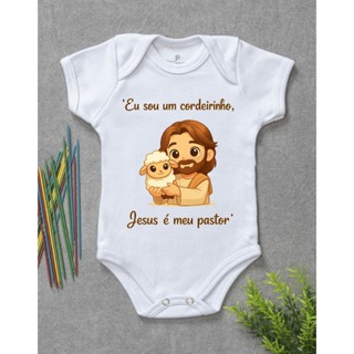 Body de bebê personalizado com frase " Eu sou o cordeirinho e Jesus é meu pastor" religião em Oferta na Shopee
