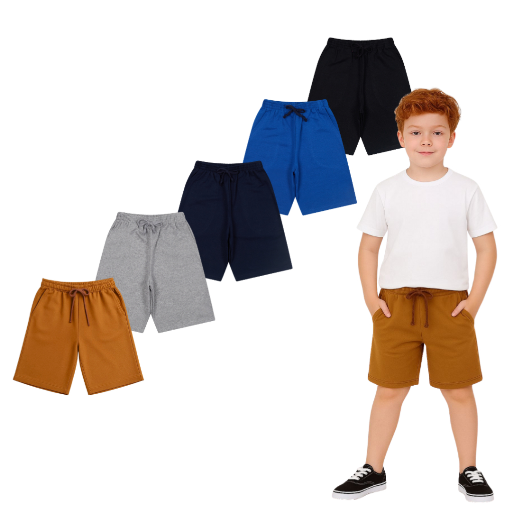 Kit Bermuda Moletinho Liso Verão Infantil Juvenil 1 Ao 16 Bolso