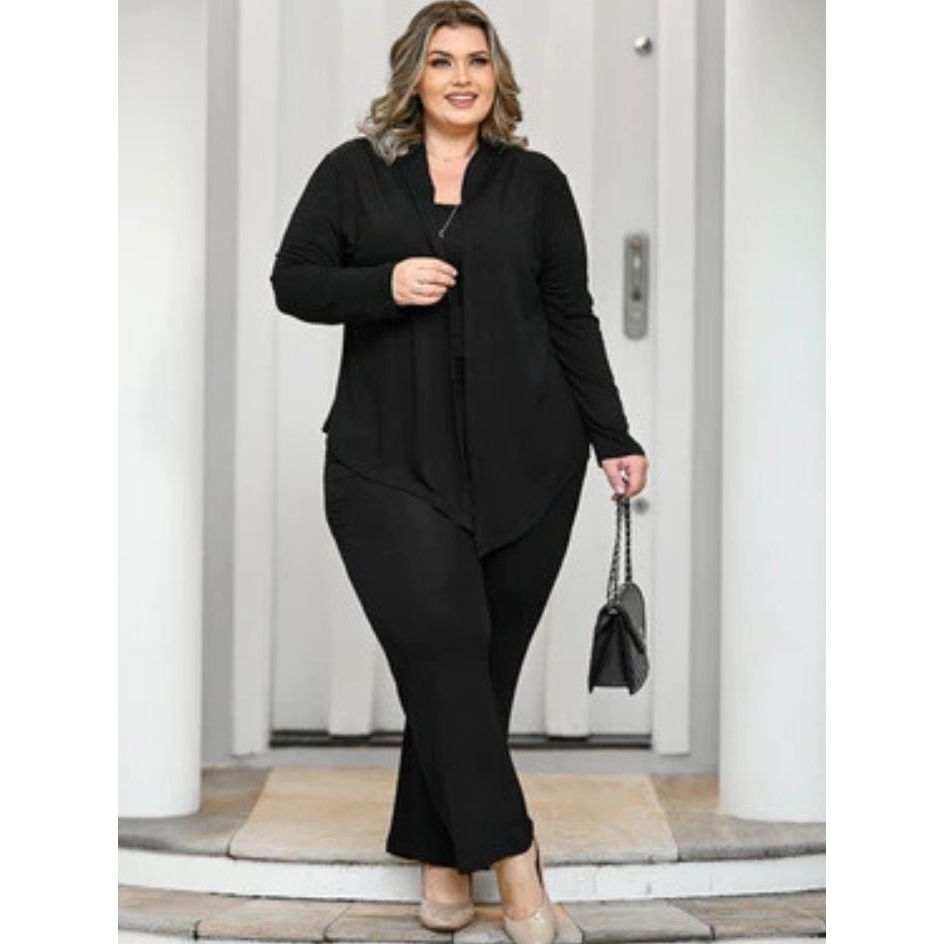 Conjunto Feminino Plus Size Calça Pantalona Cardigan de Ponta Assimétrico Regata 3 Peças Outono Inverno