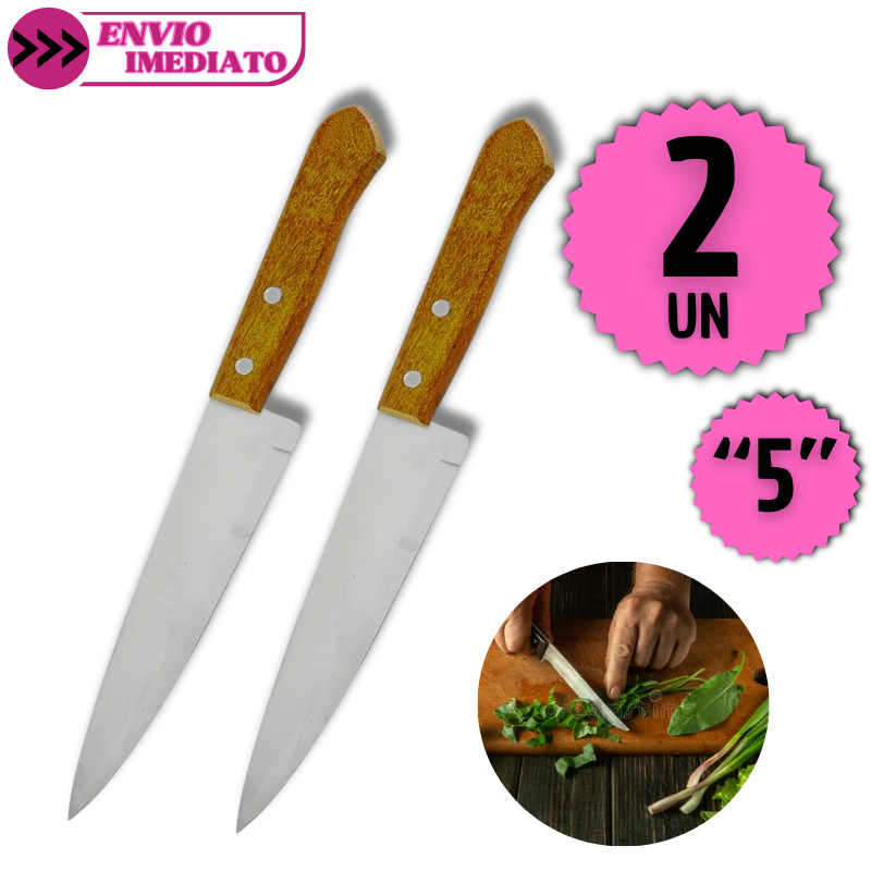 Kit 2 Facas de Cozinha 5" Profissional Cabo Madeira Corte Preciso Utensílio Açougue Churrasco