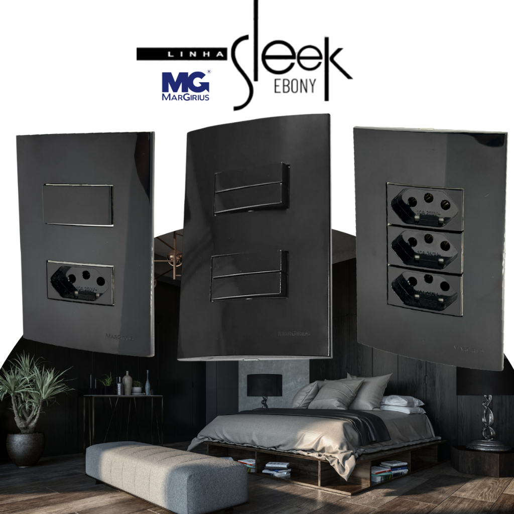 Conjunto Tomada Preta Ebony 4x2 10a 20a Interruptor Simples Paralelo Preto Sleek Margirius