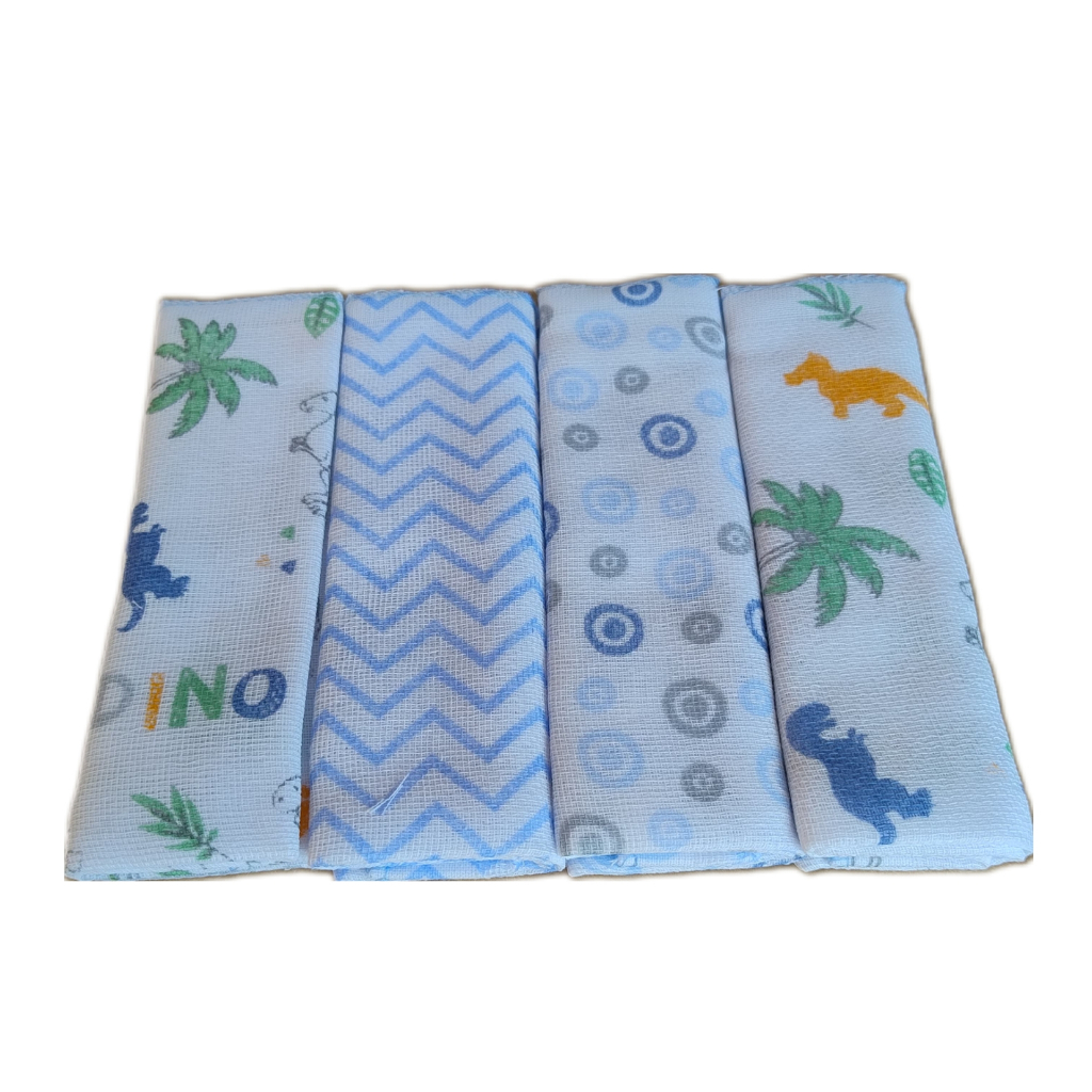 Kit 04 Peças Pano Toalhinha de Boca para Bebê Estampado Algodão Papi Bordados Dino