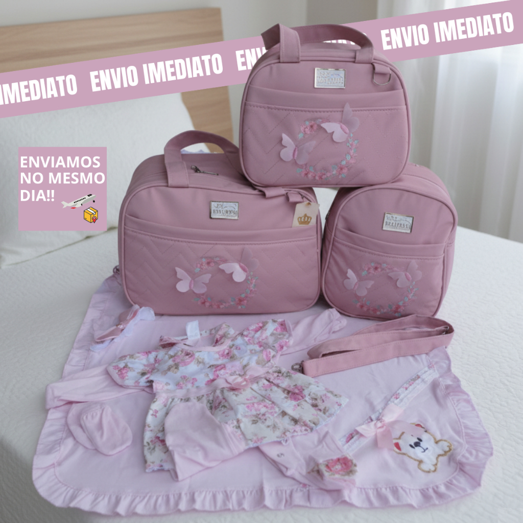 Kit Bolsas Borboleta e Saída Maternidade Menina Com Vestido Macacão Laço e Luva