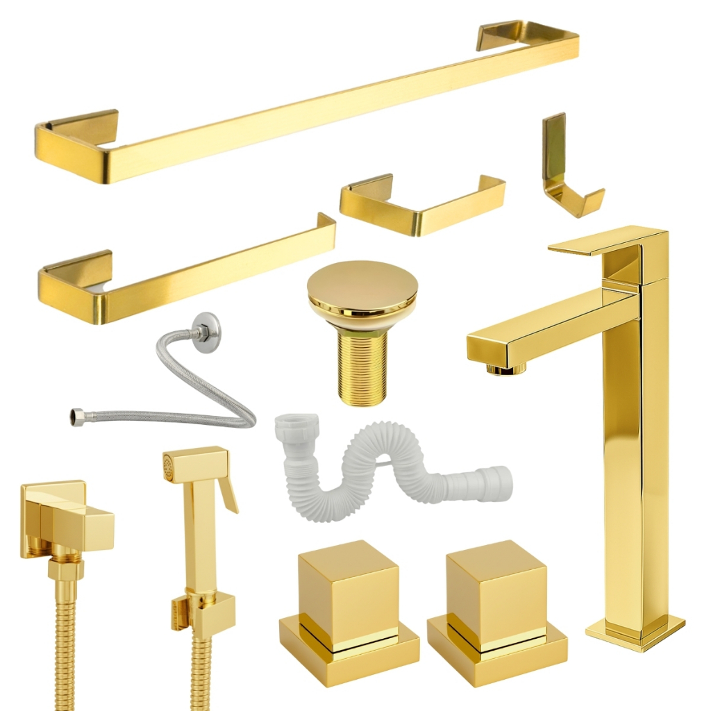 Kit Acessórios Banheiro Dourado + Torneira Alta + Ducha + 2 Acabamento Deca + Válvula Click