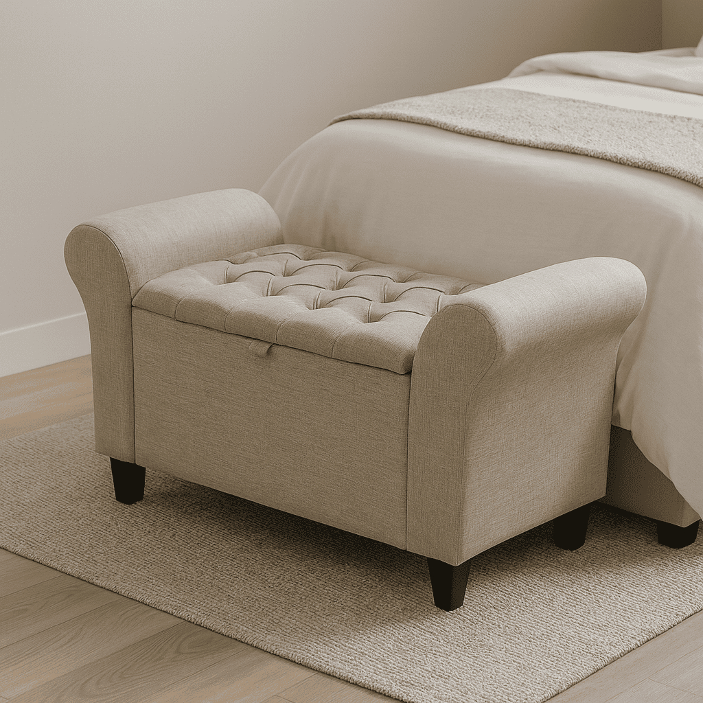 Baú Recamier Divã Paris Capitonê 90 cm Organizador Estofado Em Linho Estrutura em Madeira Para Solteiro Quarto - AV