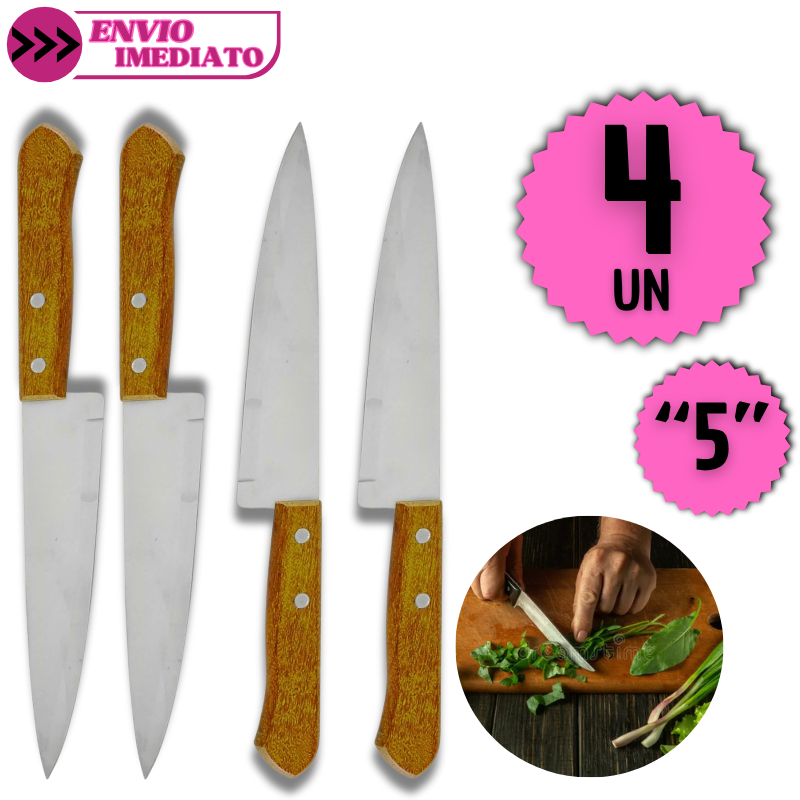 Kit 4 Facas de Cozinha 5" Profissional Cabo Madeira Corte Preciso Utensílio Açougue Churrasco