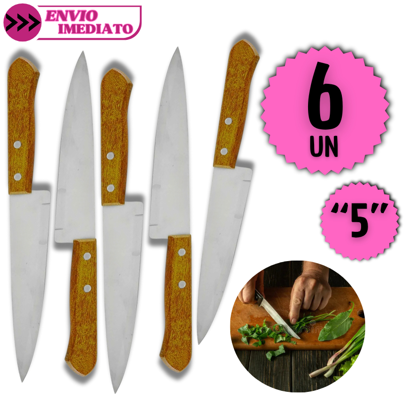 Kit 6 Facas de Cozinha 5" Profissional Cabo Madeira Corte Preciso Utensílio Açougue Churrasco