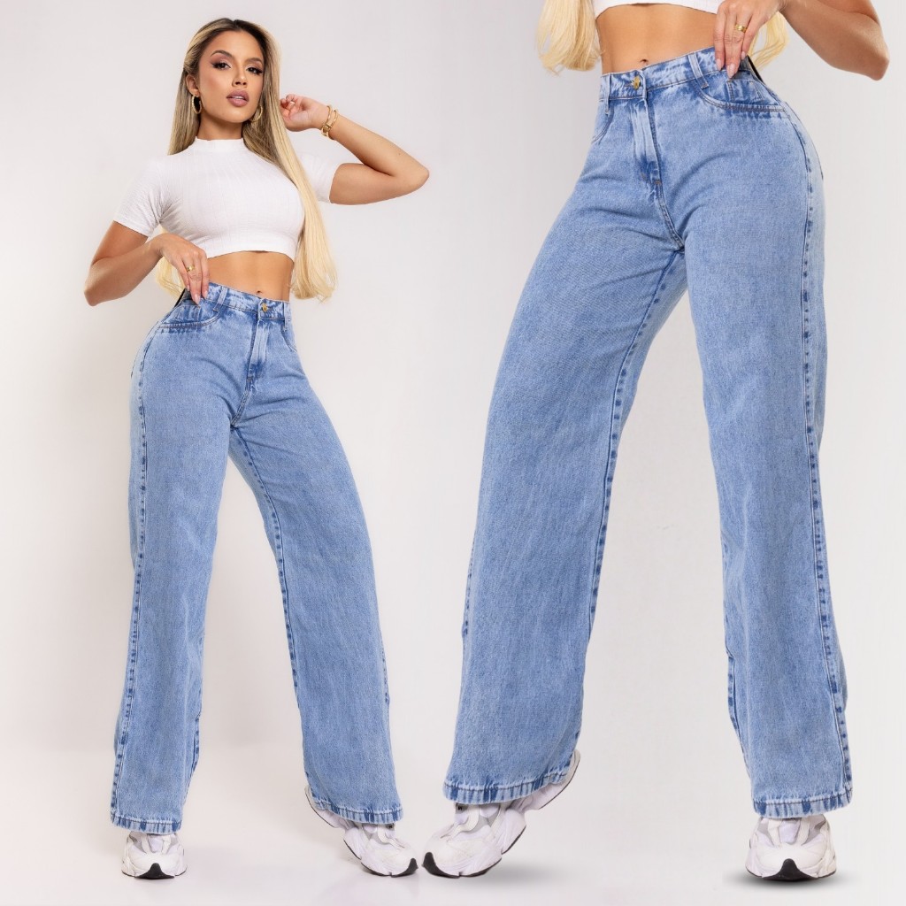 Calça Wide Leg Jeans Marmorizada Premium Levanta Bumbum Cintura Alta Perna Larga Calça Pantalona