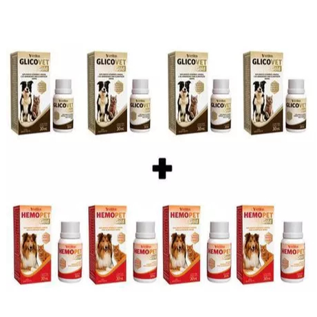 Kit 4 Hemopet 30ml + 4 Glicovet 30ml Suplemento Vitaminico Cães e Gatos (Hemolitan + Glicopan)