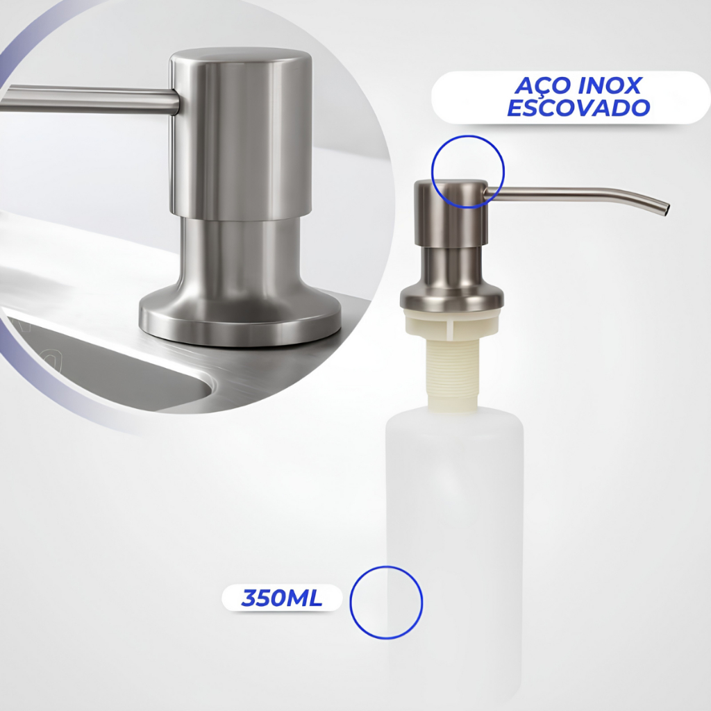 Dispenser Bancada Dosador De Embutir Pia Detergente Sabão Sabonete Liquido Metal Aço Inox