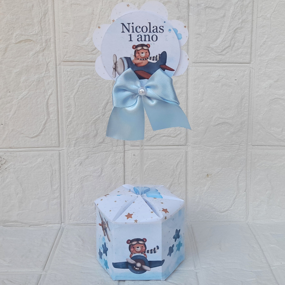 Kit Centro de Mesa Personalizado Ursinho Aviador, Urso, Enfeite Mimos, Lembrancinhas de Aniversário